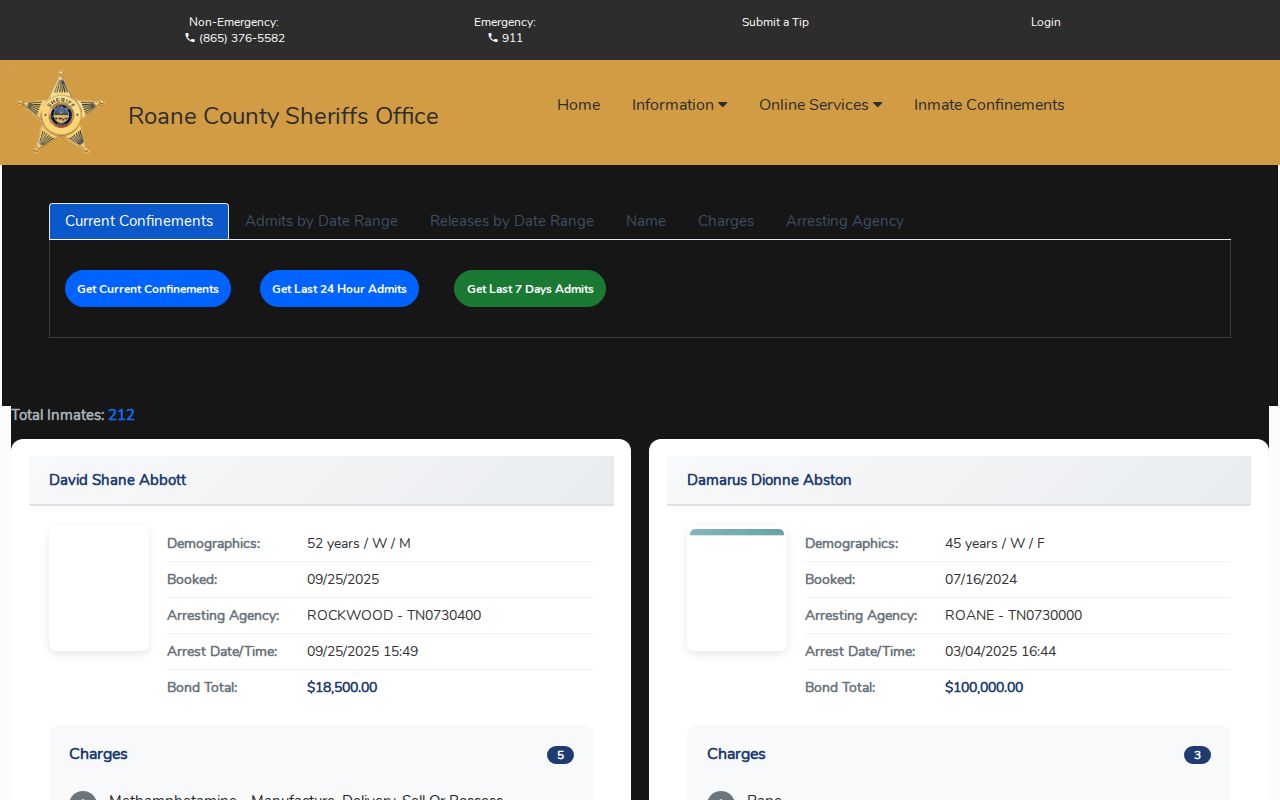 Roane County booking roster search interface